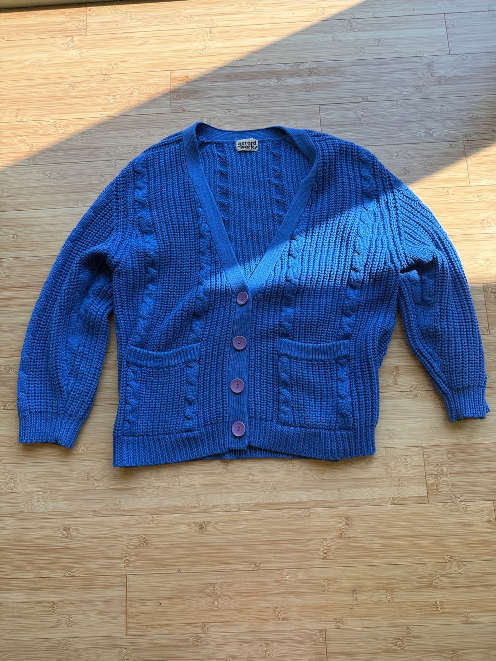 Gerard Works blue vintage chunky knit cardigan sweater purple buttons cable knit